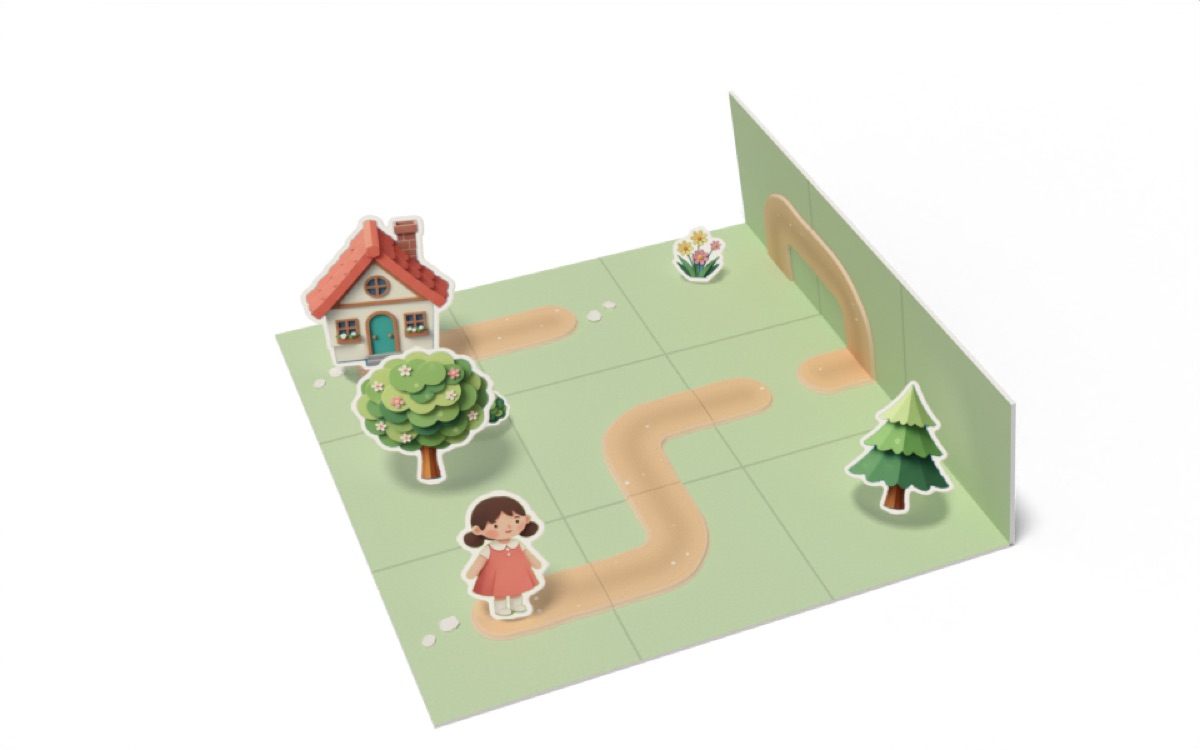 A page of Homefold in spring: a sheet of paper printed with a meadow, a road and a little house, one column folding up